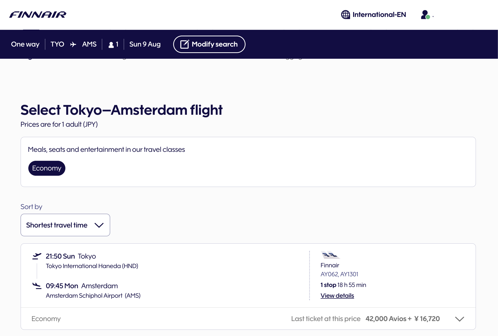 Finnair Tokyo > AMS Finnair avios points