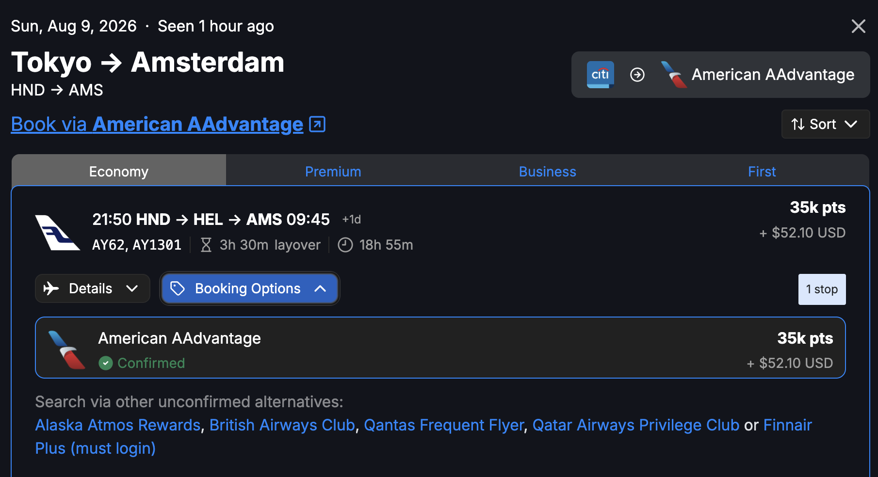Seats.aero Tokyo > AMS Finnair
