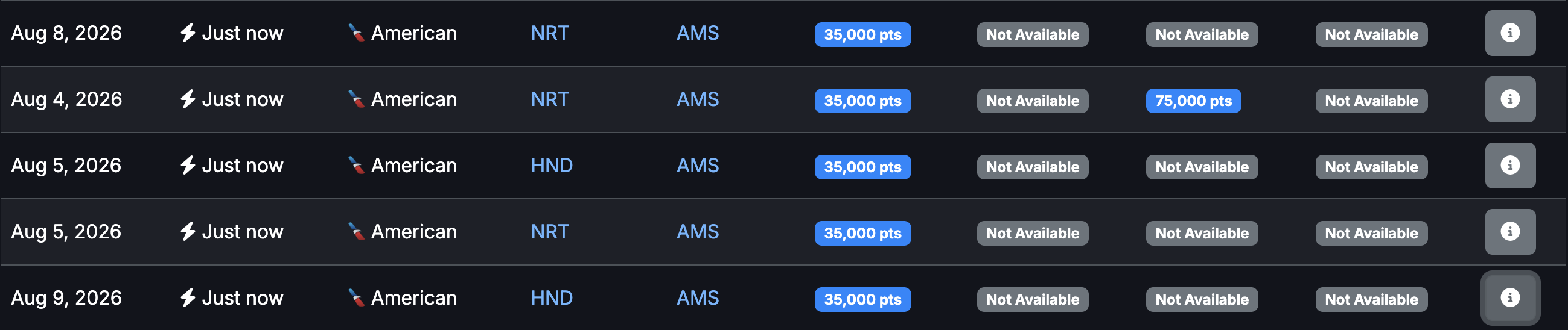 Seats.aero Tokyo > AMS Indirect